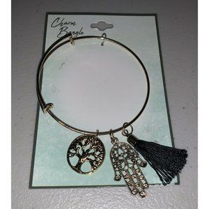 Fashion Jewelry Charm Bangle Bracelet Black Tassel Tree Gold Adjustable New